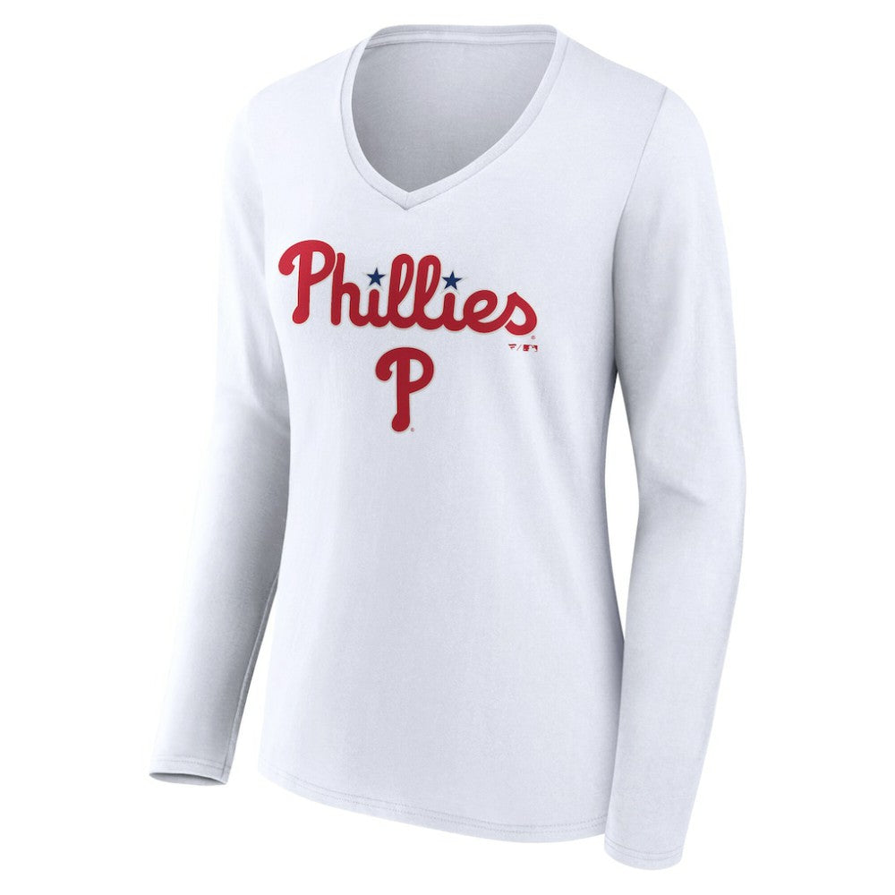 MLB Philadelphia Phillies Women's Team Lockup Long Sleeve V-Neck T-Shirt