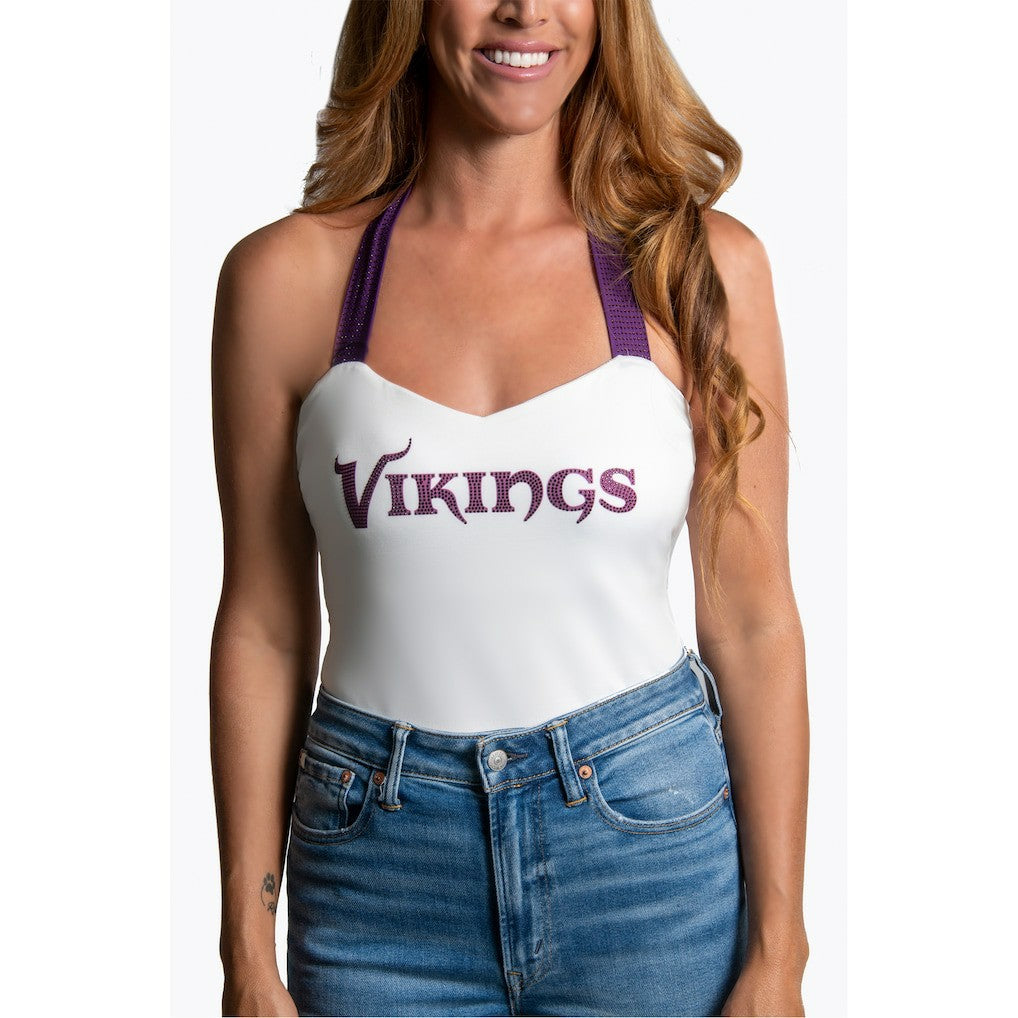 Cuce Women's Rhinestone Semi-Cropped Halter Tank - Minnesota Vikings