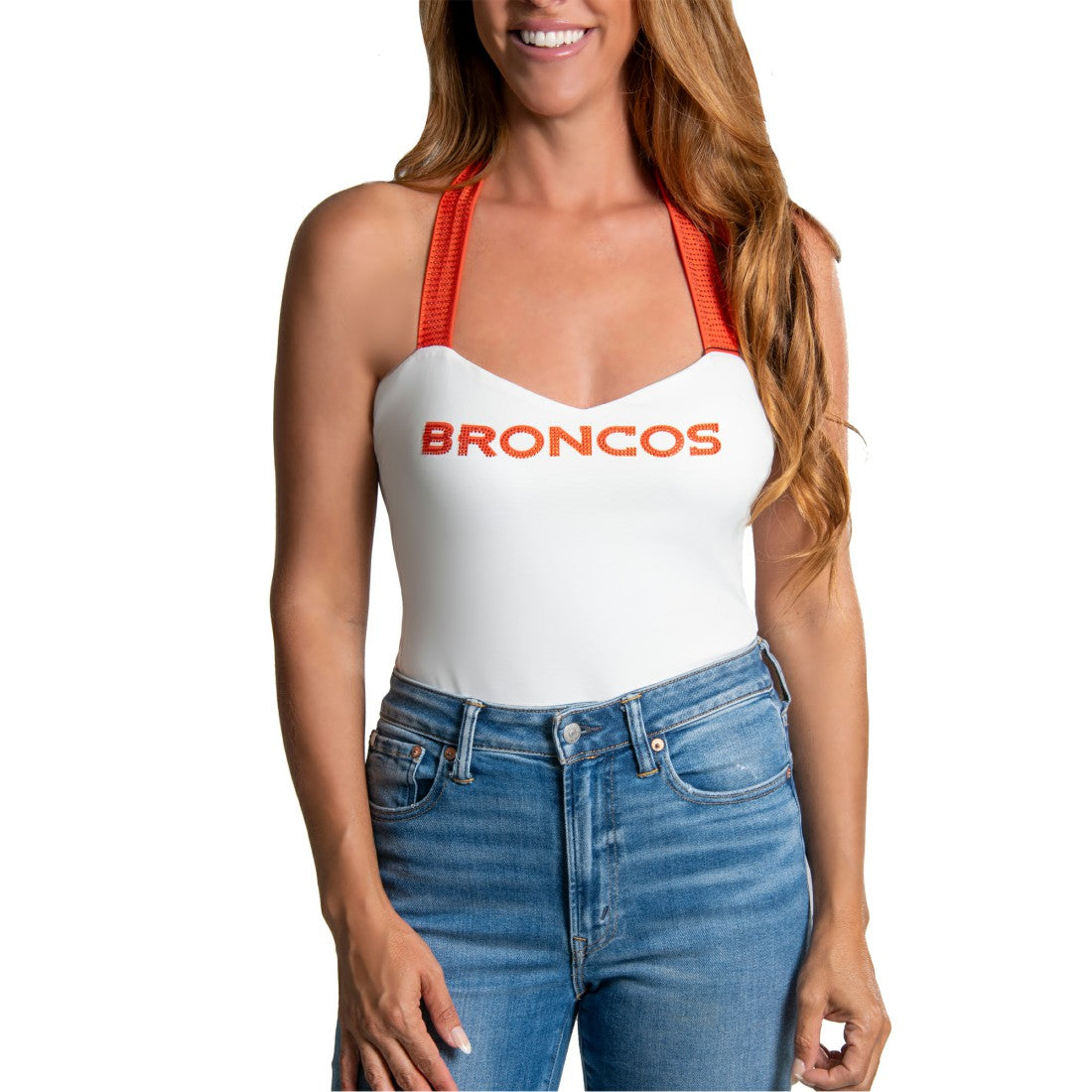 Cuce Women's Rhinestone Semi-Cropped Halter Tank - Denver Broncos