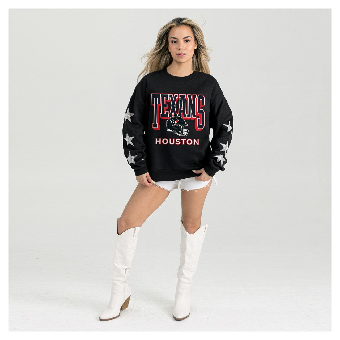 Gameday Couture Women's Pure Victory Rhinestud Star-Sleeve Pullover Sweatshirt - Houston Texans