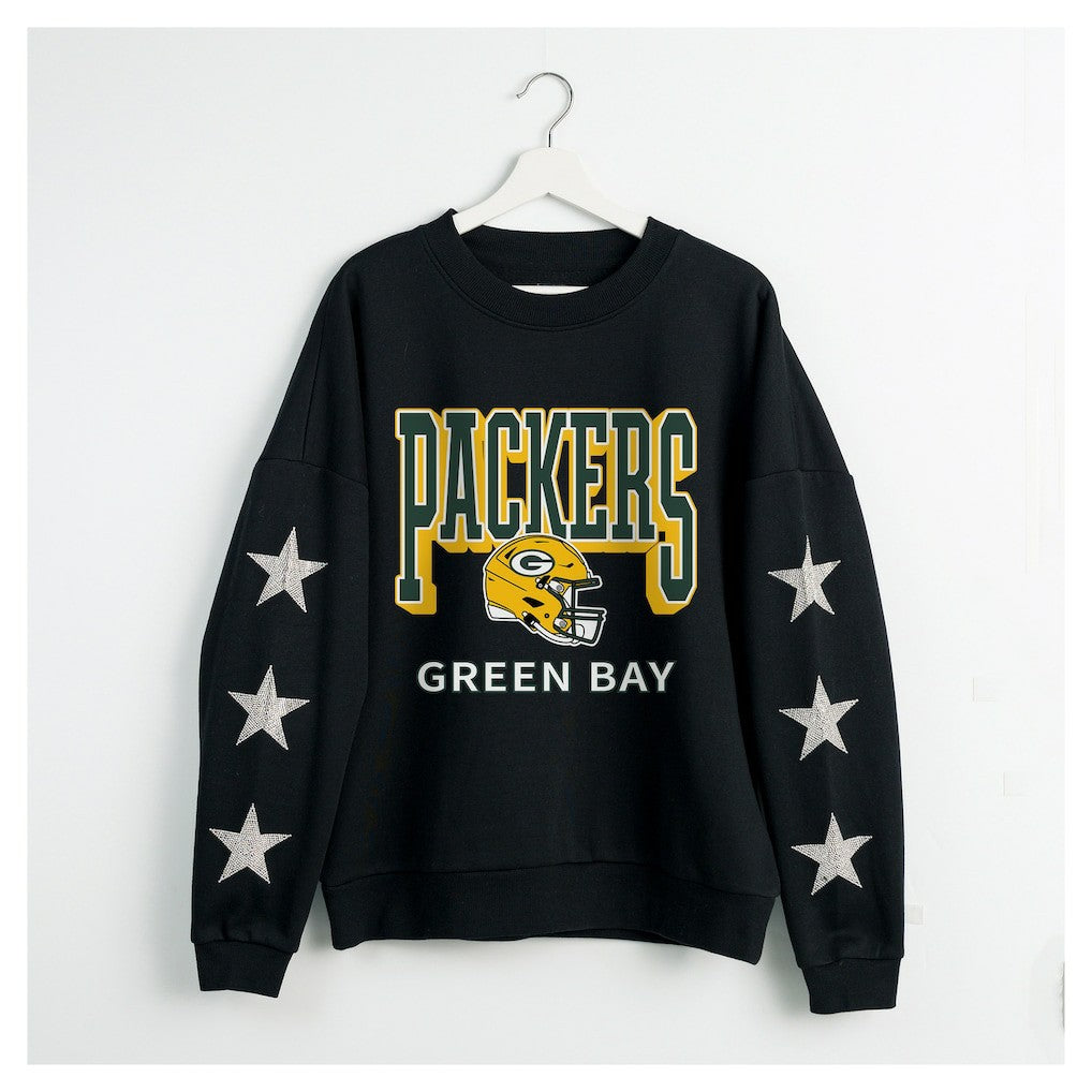 Gameday Couture Women's Pure Victory Rhinestud Star-Sleeve Pullover Sweatshirt - Green Bay Packers