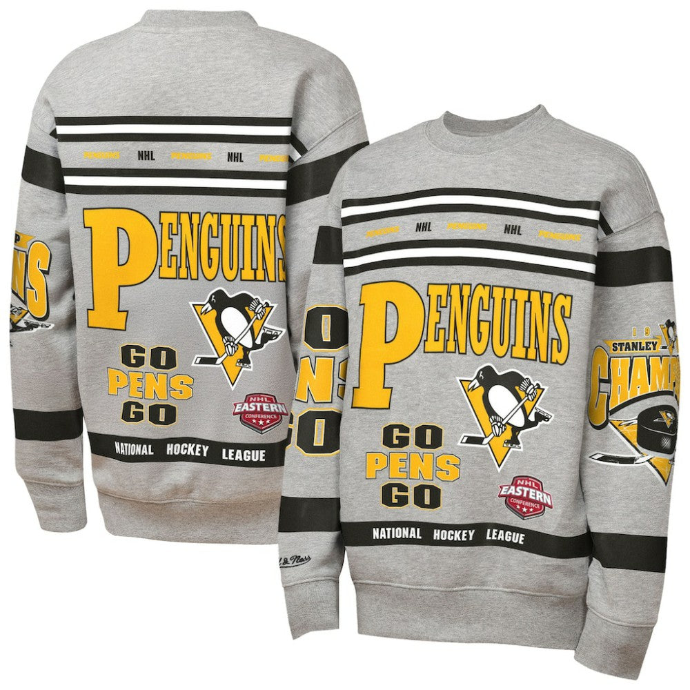 NHL Heather Gray Pittsburgh Penguins Mitchell & Ness Youth Allover Print Fleece Crewneck Sweatshirt