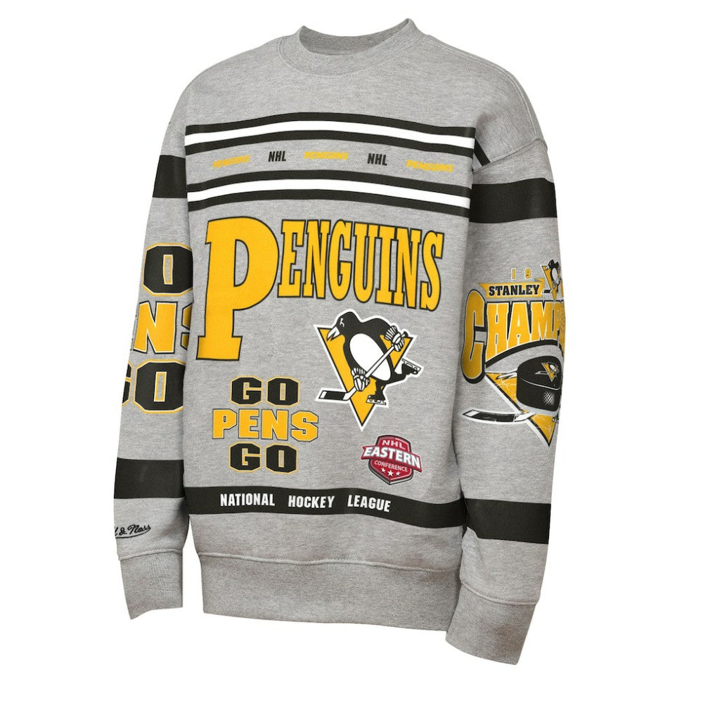NHL Heather Gray Pittsburgh Penguins Mitchell & Ness Youth Allover Print Fleece Crewneck Sweatshirt