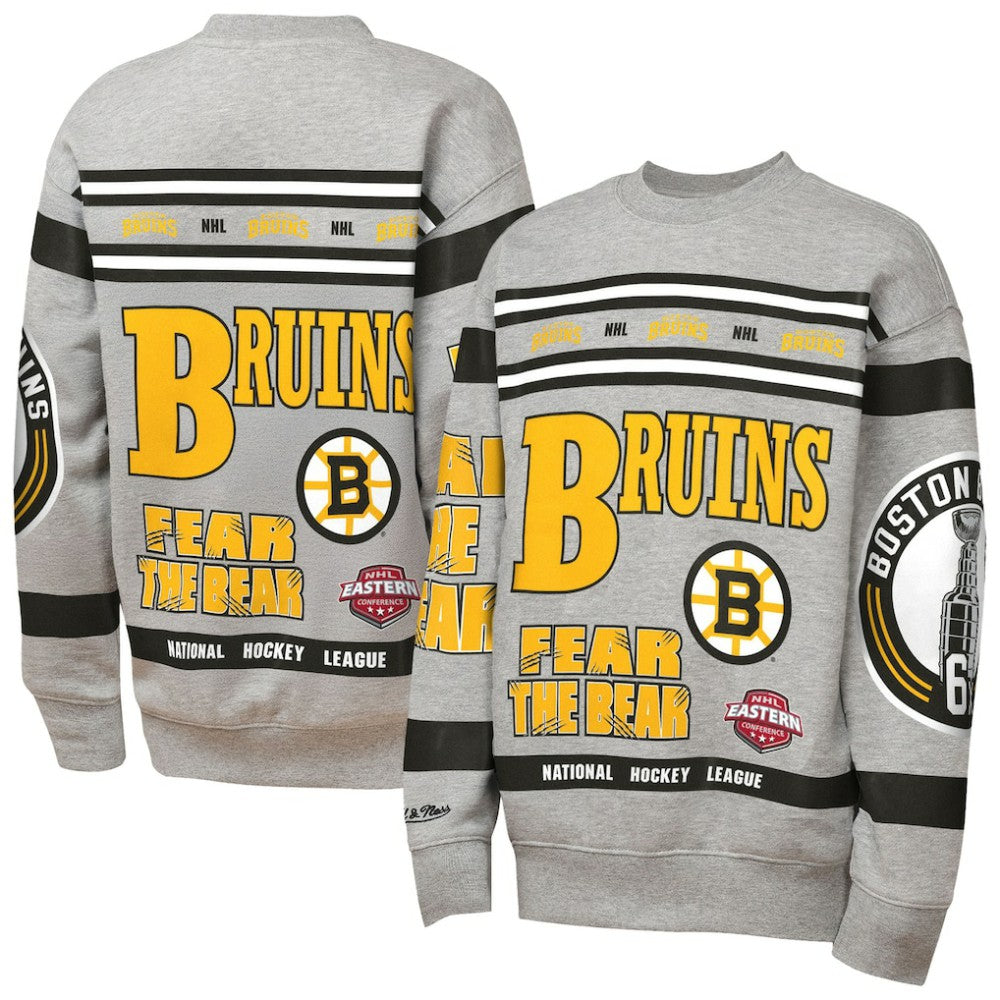 NHL Heather Gray Boston Bruins Mitchell & Ness Youth Allover Print Fleece Crewneck Sweatshirt