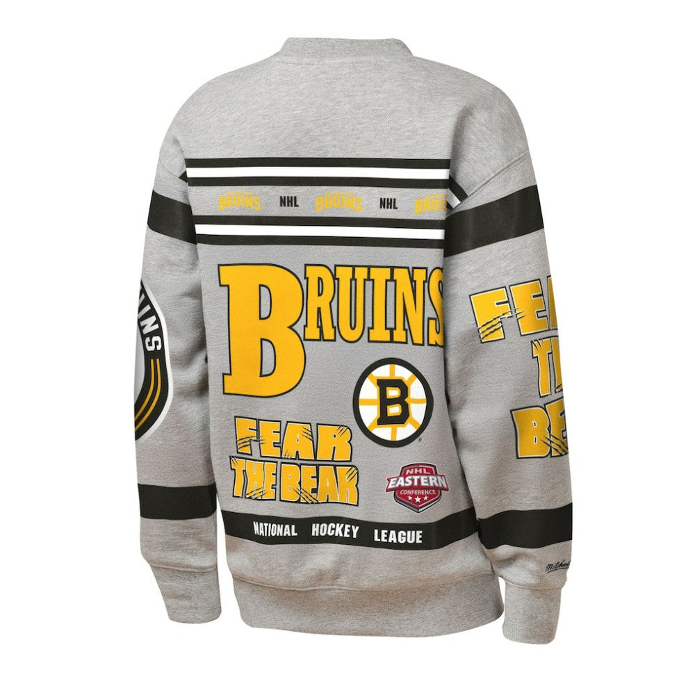 NHL Heather Gray Boston Bruins Mitchell & Ness Youth Allover Print Fleece Crewneck Sweatshirt