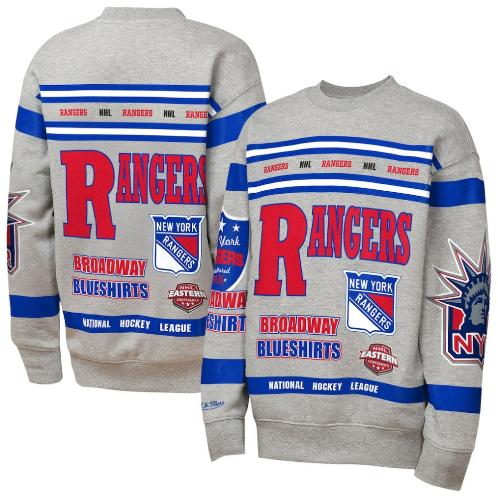 NHL Heather Gray New York Rangers Mitchell & Ness Youth Allover Print Fleece Crewneck Sweatshirt