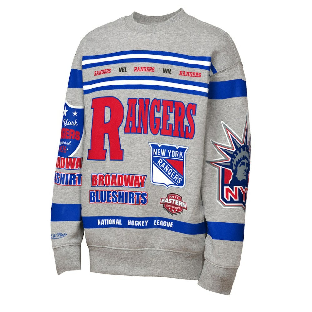 NHL Heather Gray New York Rangers Mitchell & Ness Youth Allover Print Fleece Crewneck Sweatshirt