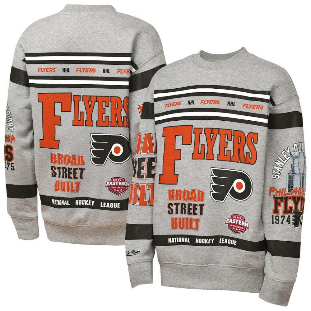 NHL Heather Gray Philadelphia Flyers Mitchell & Ness Youth Allover Print Fleece Crewneck Sweatshirt