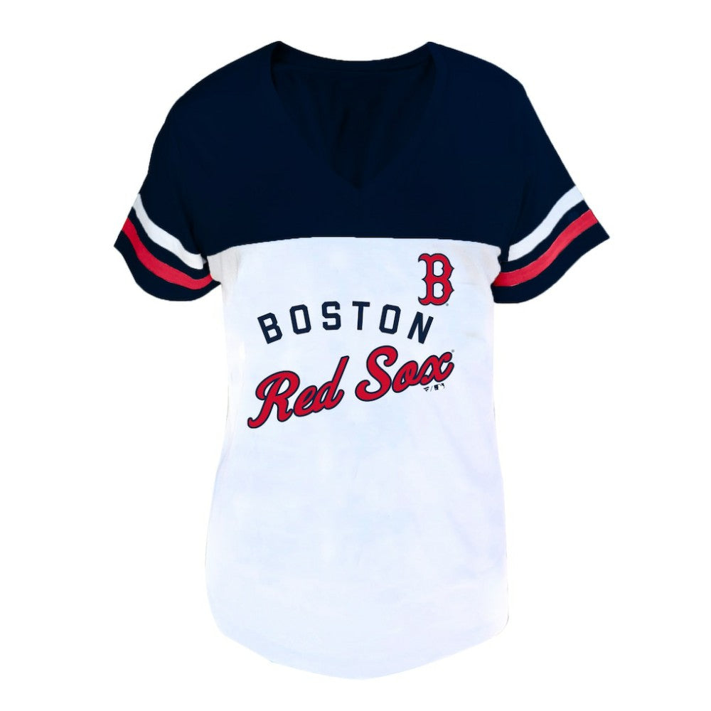 MLB Boston Red Sox Profile Women's Plus Size Two-Stripe V-Neck T-Shirt