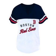 MLB Boston Red Sox Profile Women's Plus Size Two-Stripe V-Neck T-Shirt
