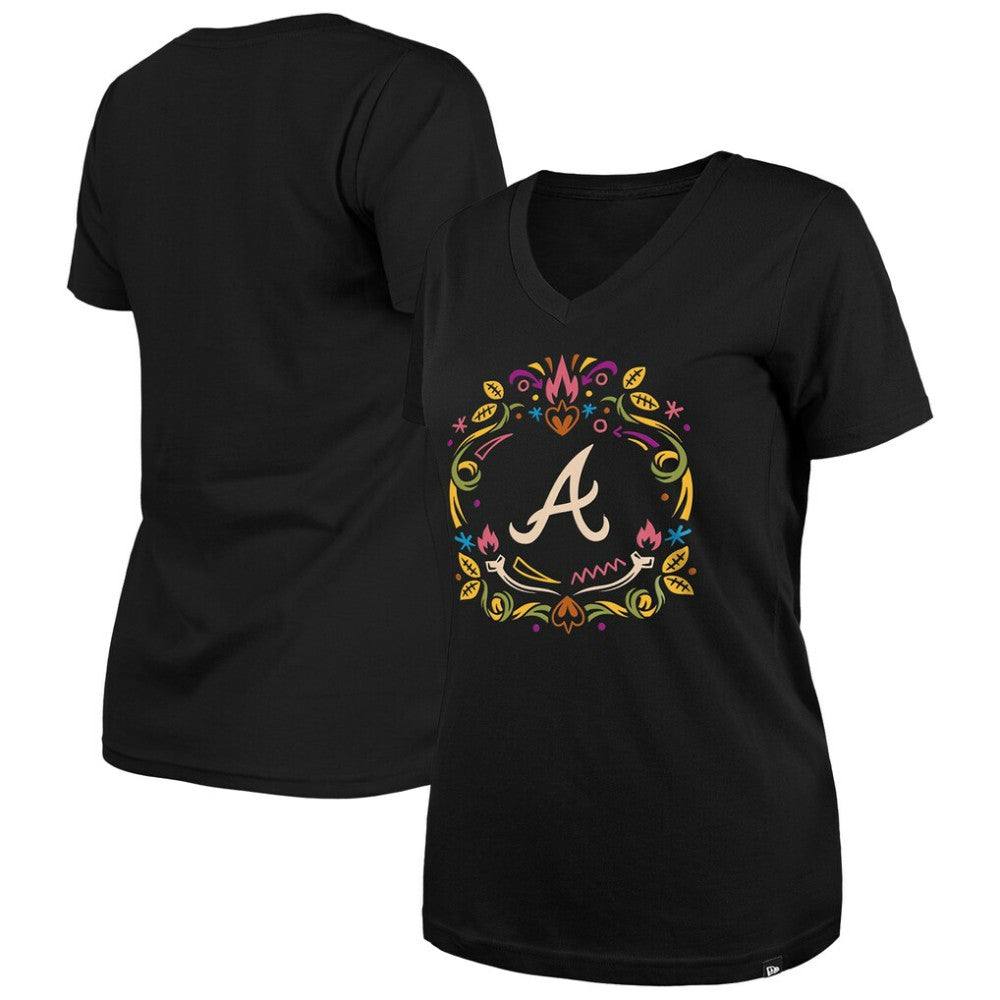 MLB Atlanta Braves New Era Women's Día de los Muertos V-Neck T-Shirt