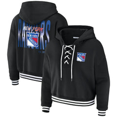 NHL Black New York Rangers WEAR by Erin Andrews Women's Cropped Lace-Up Hoodie