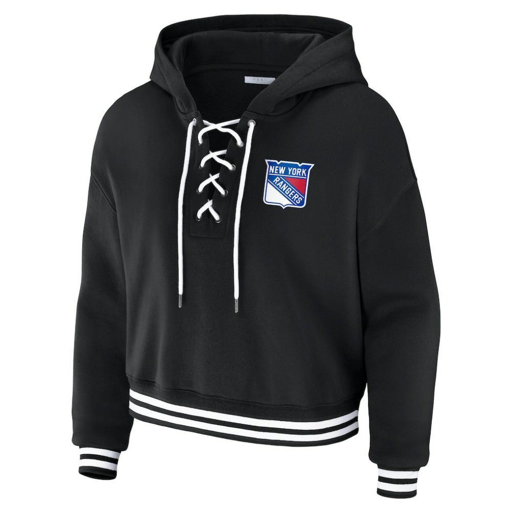 NHL Black New York Rangers WEAR by Erin Andrews Women's Cropped Lace-Up Hoodie