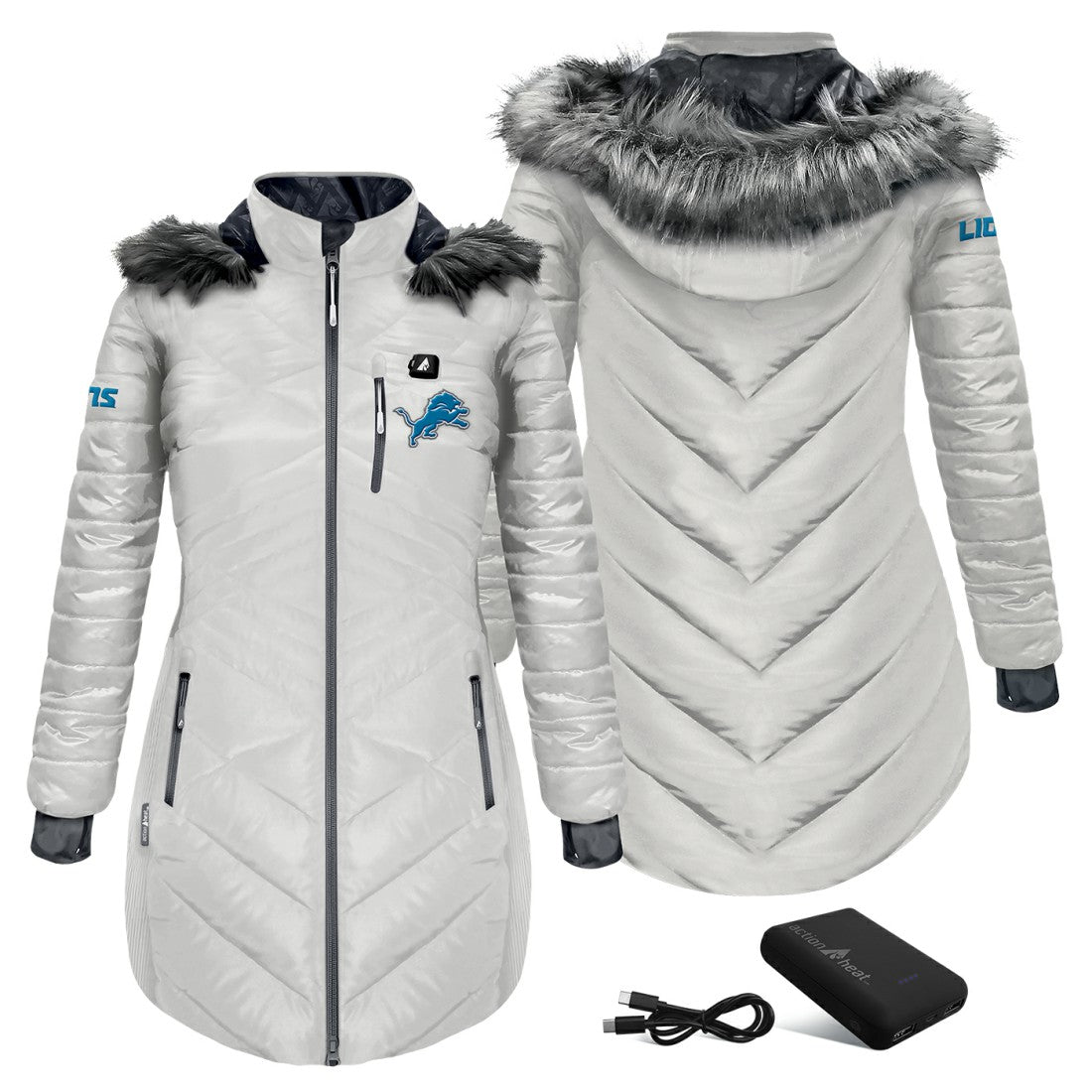 ActionHeat Women's 5V Battery Heated Long Puffer Full-Zip Hoodie Jacket - Detroit Lions
