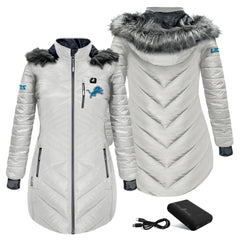 ActionHeat Women's 5V Battery Heated Long Puffer Full-Zip Hoodie Jacket - Detroit Lions
