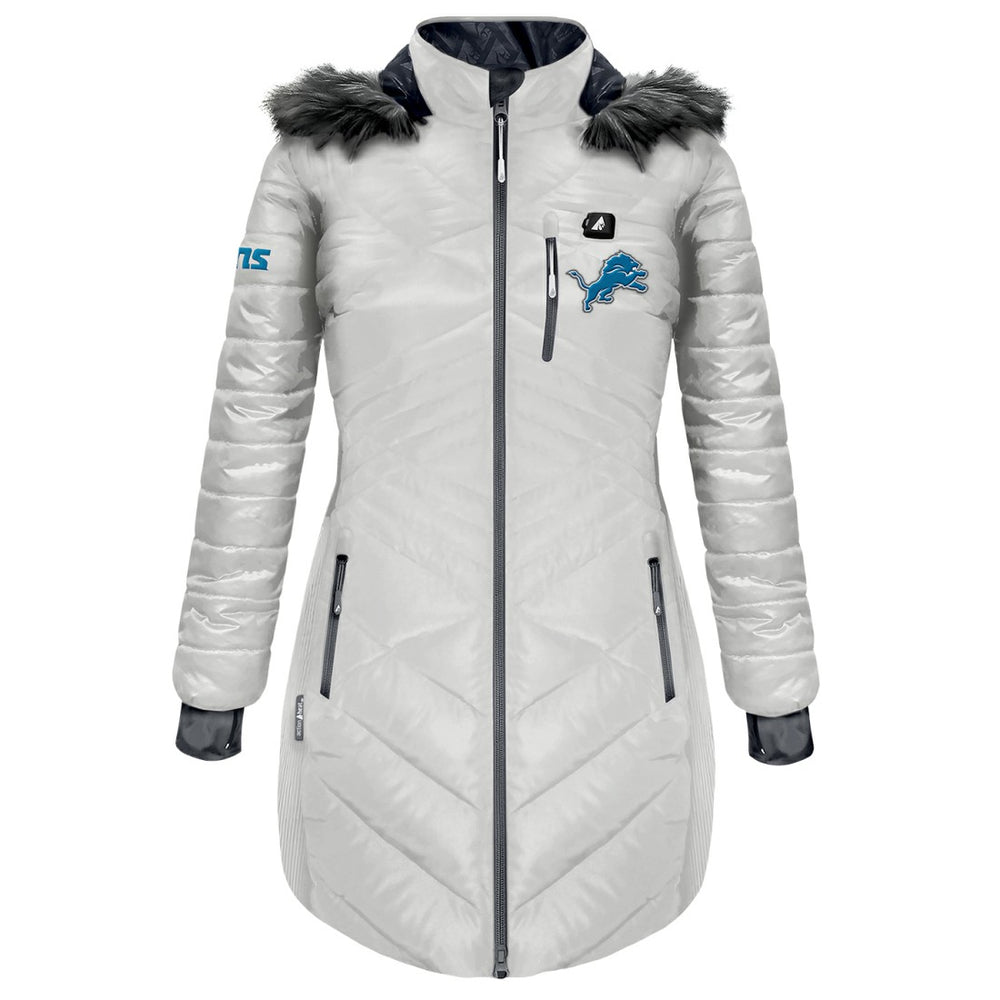 ActionHeat Women's 5V Battery Heated Long Puffer Full-Zip Hoodie Jacket - Detroit Lions