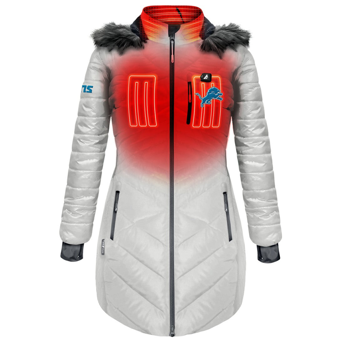ActionHeat Women's 5V Battery Heated Long Puffer Full-Zip Hoodie Jacket - Detroit Lions
