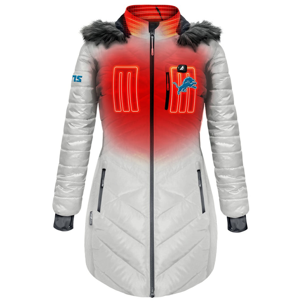 ActionHeat Women's 5V Battery Heated Long Puffer Full-Zip Hoodie Jacket - Detroit Lions