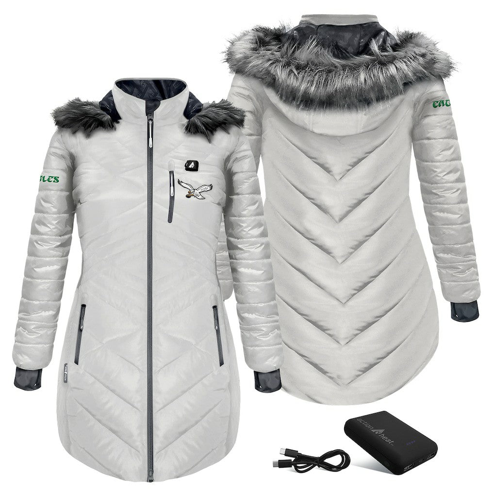 ActionHeat Women's 5V Battery Heated Long Puffer Full-Zip Hoodie Jacket - Philadelphia Eagles