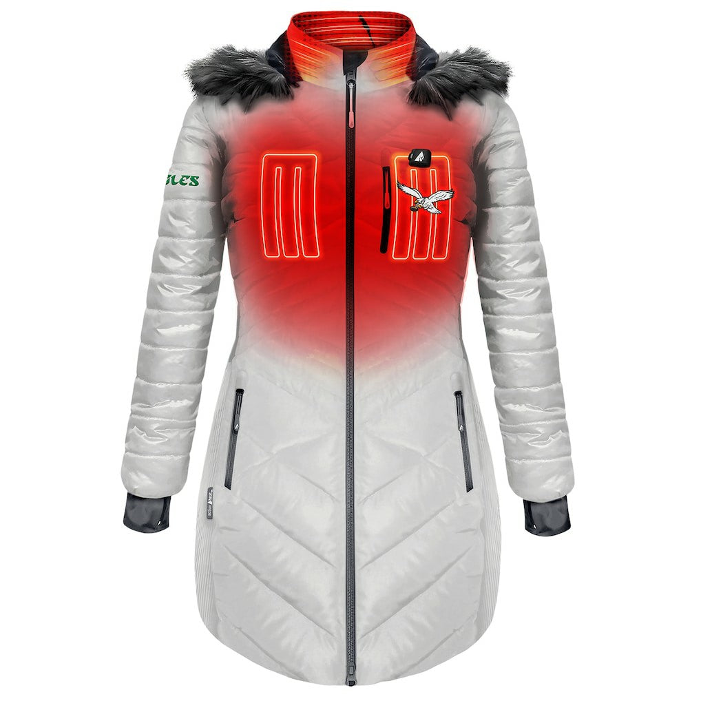ActionHeat Women's 5V Battery Heated Long Puffer Full-Zip Hoodie Jacket - Philadelphia Eagles