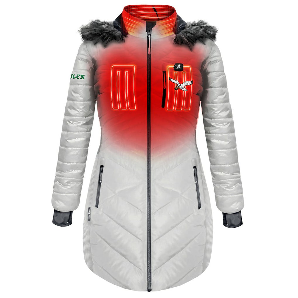 ActionHeat Women's 5V Battery Heated Long Puffer Full-Zip Hoodie Jacket - Philadelphia Eagles