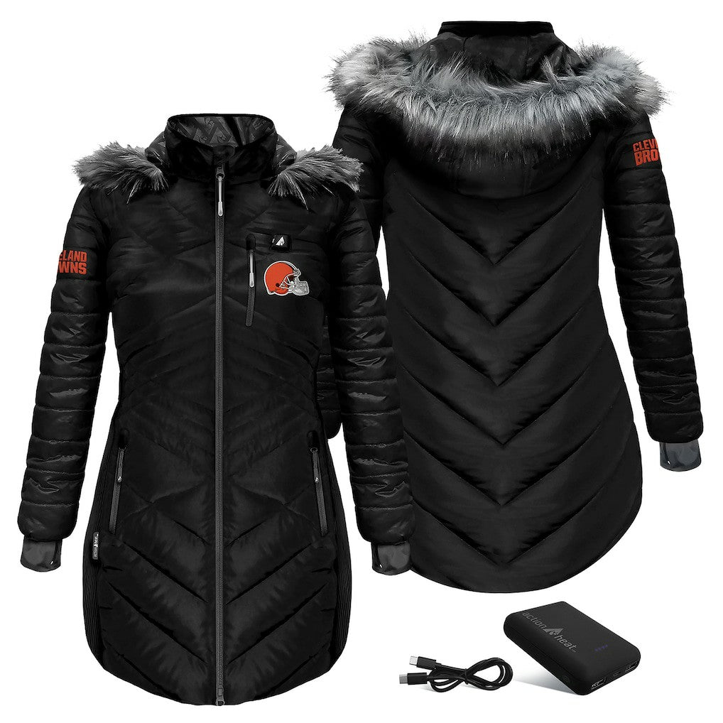 ActionHeat Women's 5V Battery Heated Long Puffer Full-Zip Hoodie Jacket - Cleveland Browns