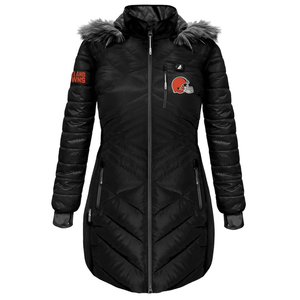 ActionHeat Women's 5V Battery Heated Long Puffer Full-Zip Hoodie Jacket - Cleveland Browns