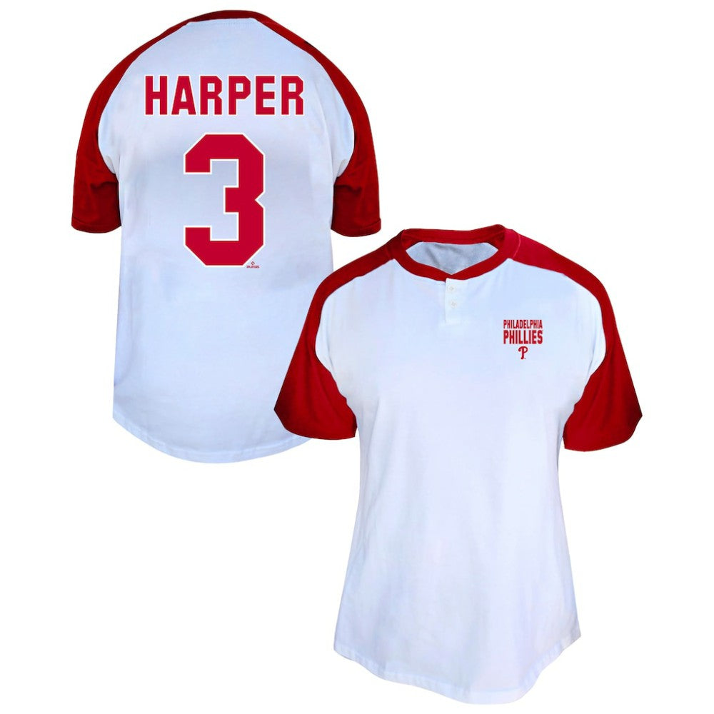 MLB Bryce Harper Philadelphia Phillies Profile Women's Plus Size Name & Number Raglan Henley T-Shirt