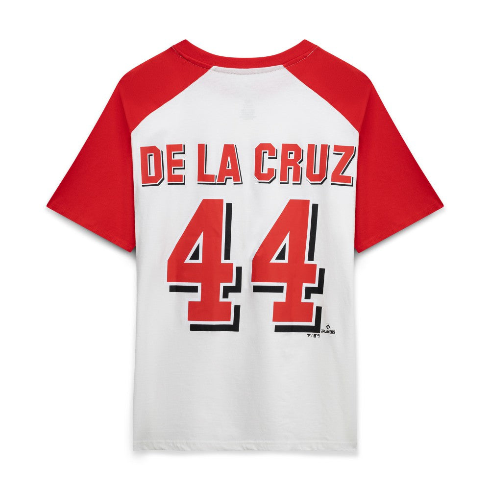 MLB Elly De La Cruz Cincinnati Reds Profile Women's Plus Size Name & Number Raglan Henley T-Shirt