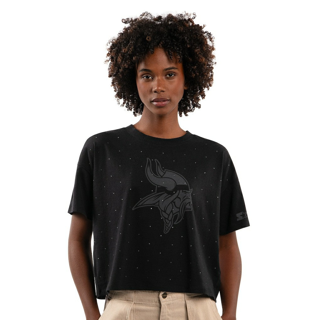 Starter Women's Rhinestone Sprinkle Boxy Cropped T-Shirt - Minnesota Vikings