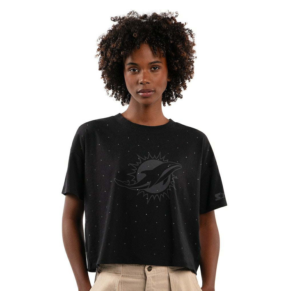 Starter Women's Rhinestone Sprinkle Boxy Cropped T-Shirt - Miami Dolphins