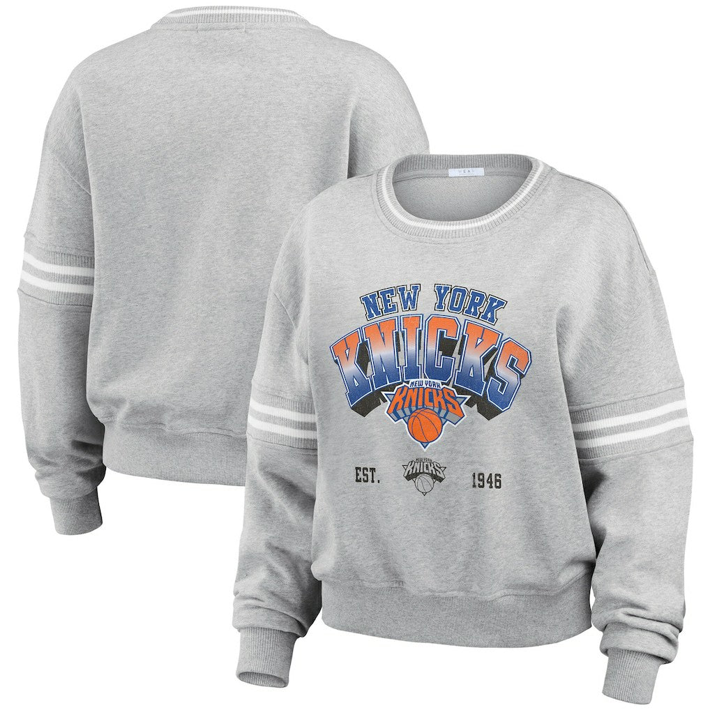 NBA New York Knicks WEAR by Erin Andrews Women's Sleeve Stripe Fleece Crewneck Sweatshirt