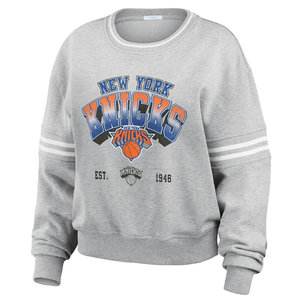NBA New York Knicks WEAR by Erin Andrews Women's Sleeve Stripe Fleece Crewneck Sweatshirt