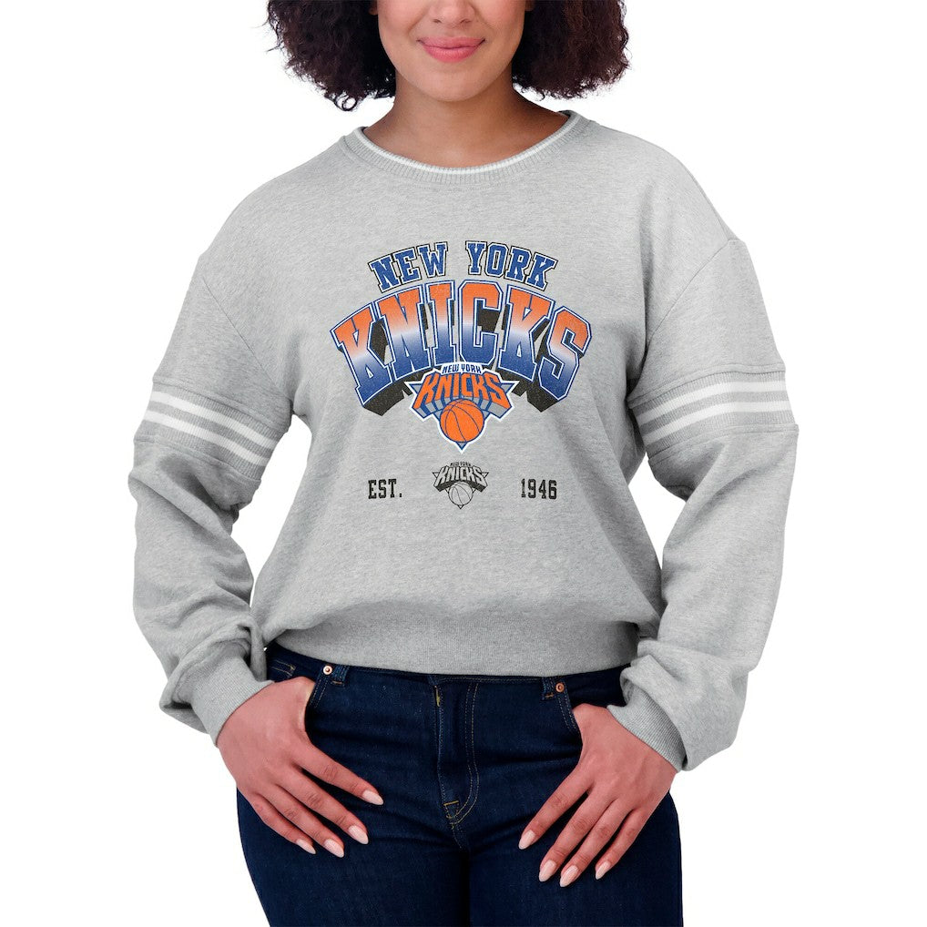 NBA New York Knicks WEAR by Erin Andrews Women's Sleeve Stripe Fleece Crewneck Sweatshirt