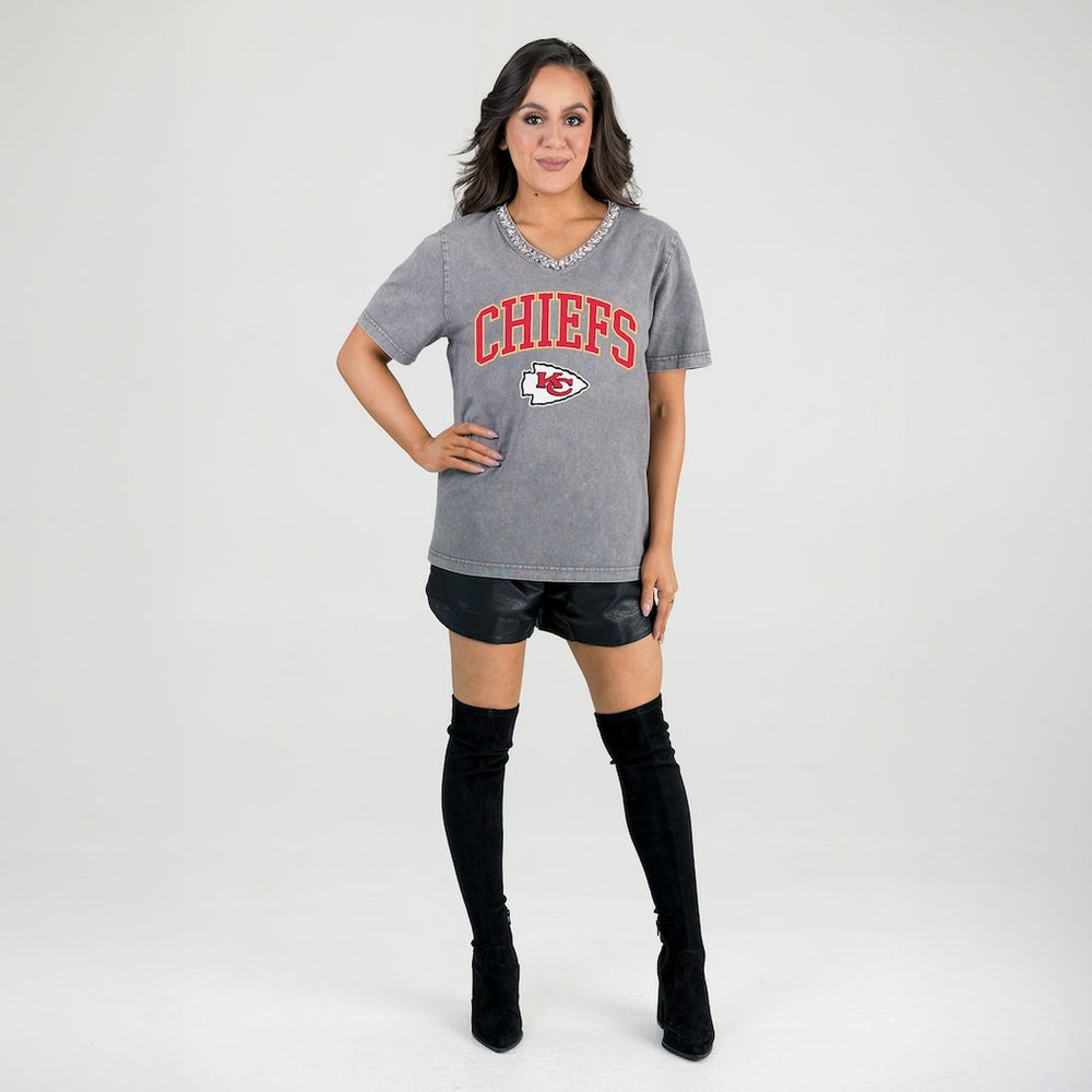 Gameday Couture Women's Relaxed Iconic Edge Rhinestone V-Neck T-Shirt - Kansas City Chiefs