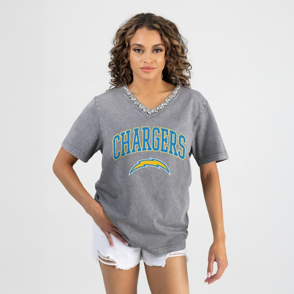 Gameday Couture Women's Relaxed Iconic Edge Rhinestone V-Neck T-Shirt - Los Angeles Chargers