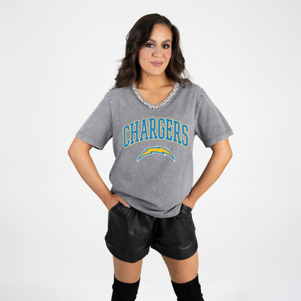 Gameday Couture Women's Relaxed Iconic Edge Rhinestone V-Neck T-Shirt - Los Angeles Chargers