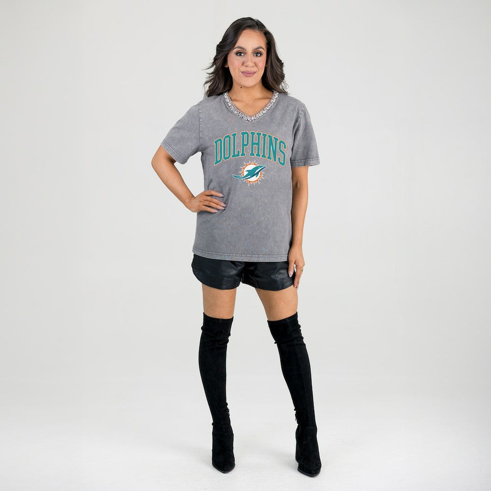 Gameday Couture Women's Relaxed Iconic Edge Rhinestone V-Neck T-Shirt - Miami Dolphins