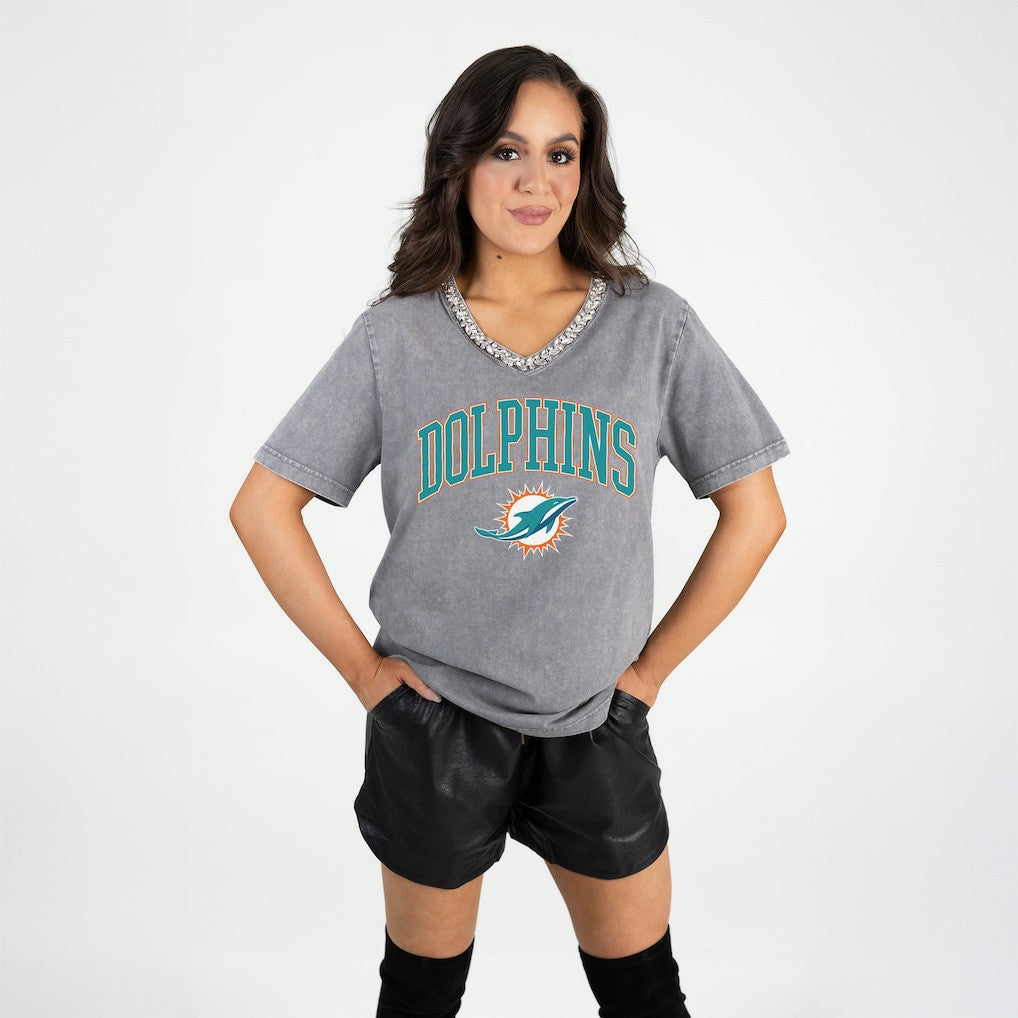 Gameday Couture Women's Relaxed Iconic Edge Rhinestone V-Neck T-Shirt - Miami Dolphins