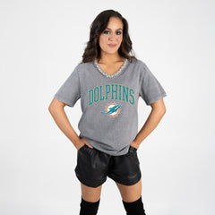 Gameday Couture Women's Relaxed Iconic Edge Rhinestone V-Neck T-Shirt - Miami Dolphins