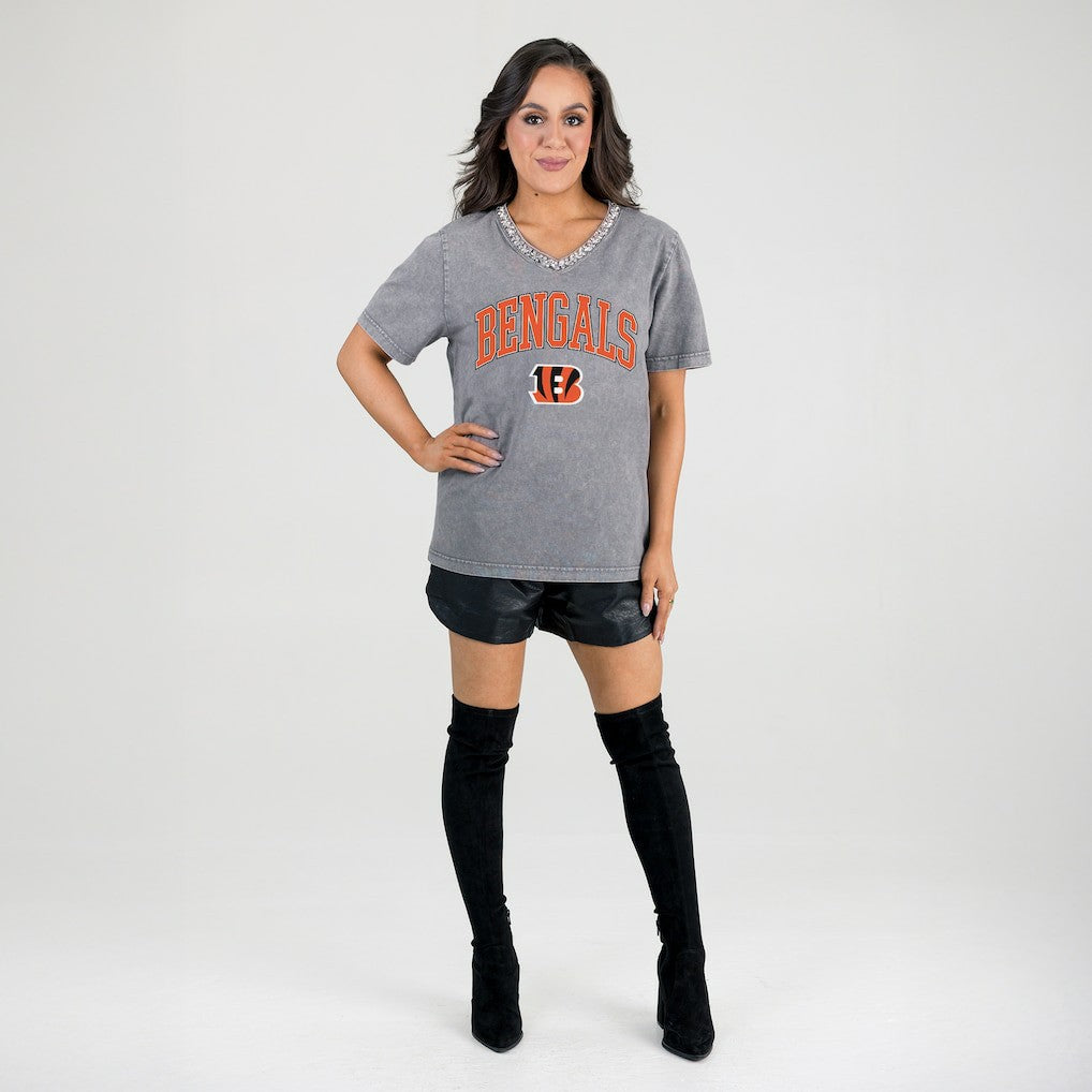 Gameday Couture Women's Relaxed Iconic Edge Rhinestone V-Neck T-Shirt - Cincinnati Bengals