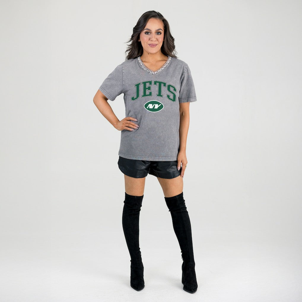 Gameday Couture Women's Relaxed Iconic Edge Rhinestone V-Neck T-Shirt - New York Jets