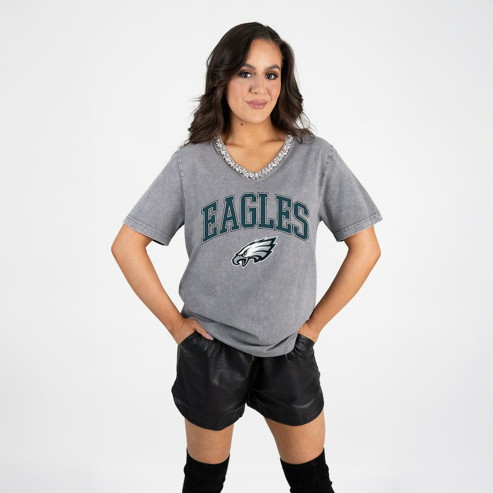 Gameday Couture Women's Relaxed Iconic Edge Rhinestone V-Neck T-Shirt - Philadelphia Eagles