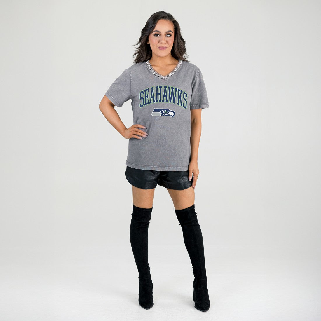 Gameday Couture Women's Relaxed Iconic Edge Rhinestone V-Neck T-Shirt - Seattle Seahawks