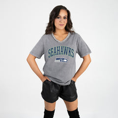 Gameday Couture Women's Relaxed Iconic Edge Rhinestone V-Neck T-Shirt - Seattle Seahawks
