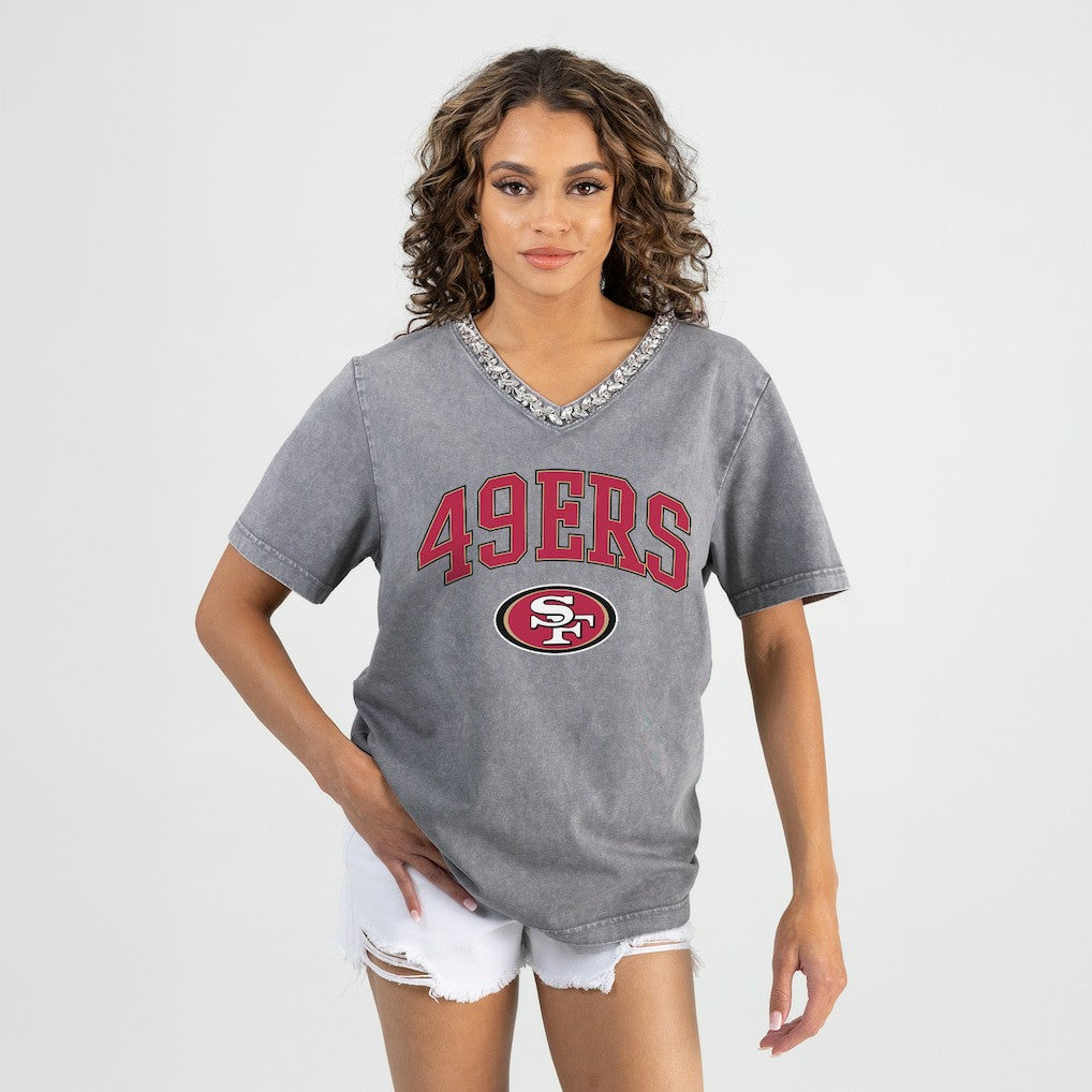 Gameday Couture Women's Relaxed Iconic Edge Rhinestone V-Neck T-Shirt - San Francisco 49ers