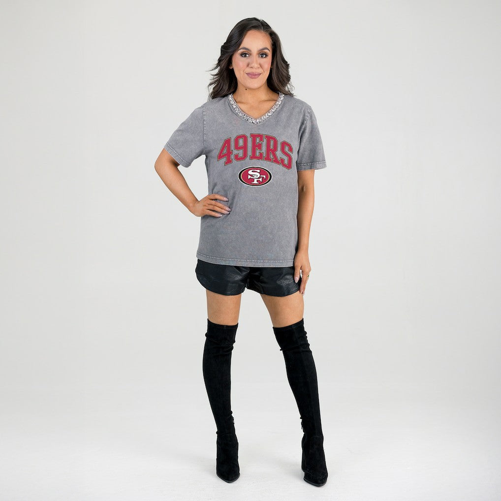Gameday Couture Women's Relaxed Iconic Edge Rhinestone V-Neck T-Shirt - San Francisco 49ers