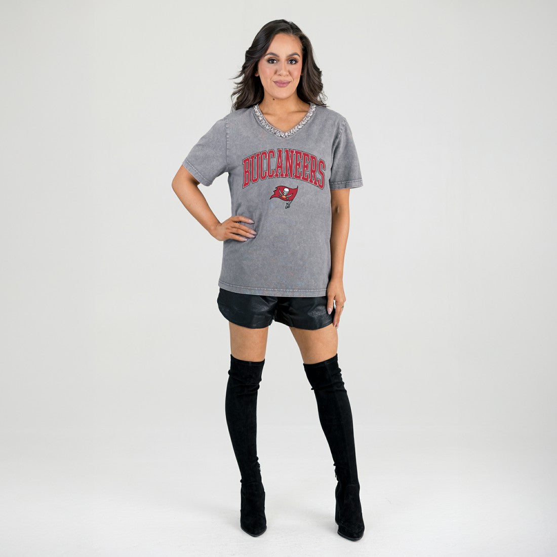 Gameday Couture Women's Relaxed Iconic Edge Rhinestone V-Neck T-Shirt - Tampa Bay Buccaneers