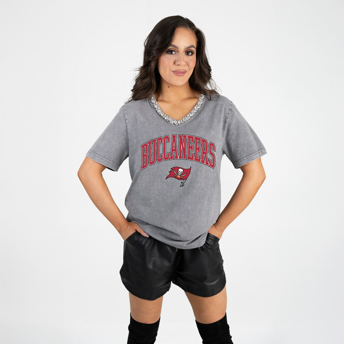 Gameday Couture Women's Relaxed Iconic Edge Rhinestone V-Neck T-Shirt - Tampa Bay Buccaneers
