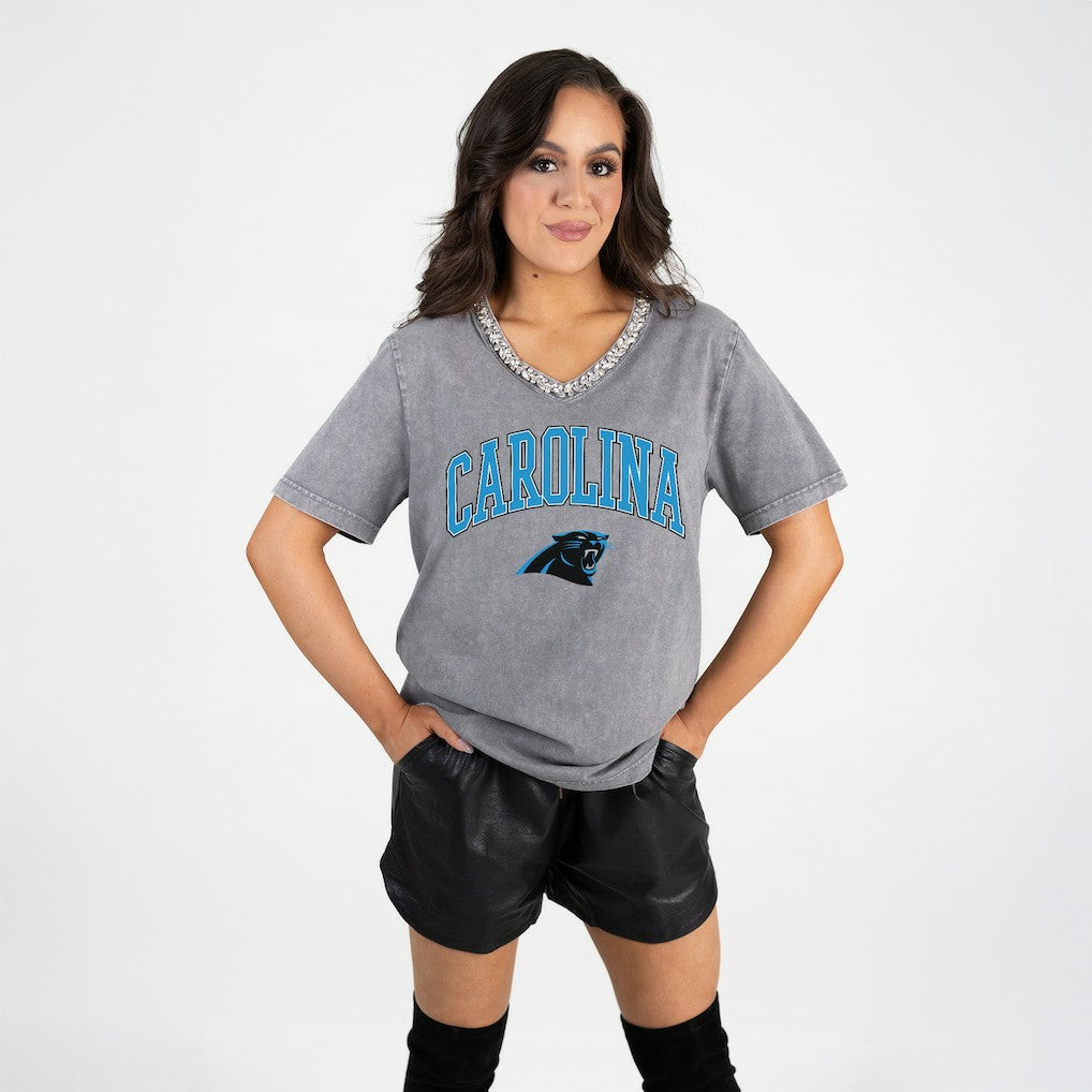 Gameday Couture Women's Relaxed Iconic Edge Rhinestone V-Neck T-Shirt - Carolina Panthers